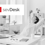 sevDesk logo and image of a woman relaxing at her work desk