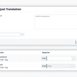 Billwerk+ Transform Screenshot of adjusting translations and of different currency options