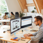 A man sits at a computer in a bright, open office