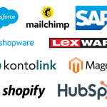 A logo collection: Salesforce, Mailchimp, SAP, Shopware, Lexware, kontolink, Magento, Shopify, Hubspot