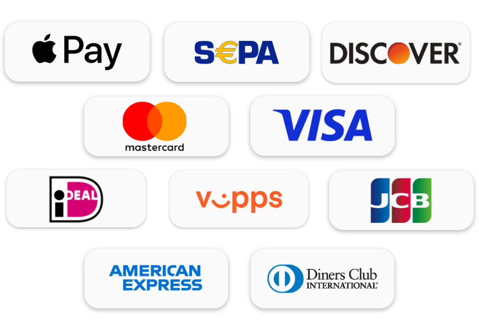 Recurring Payment Methods with Billwerk+ (a selection): Apple Pay, SEPA, Discover, Mastercard, Visa, ideal, Vipps, JCB, American Express, Diners Club