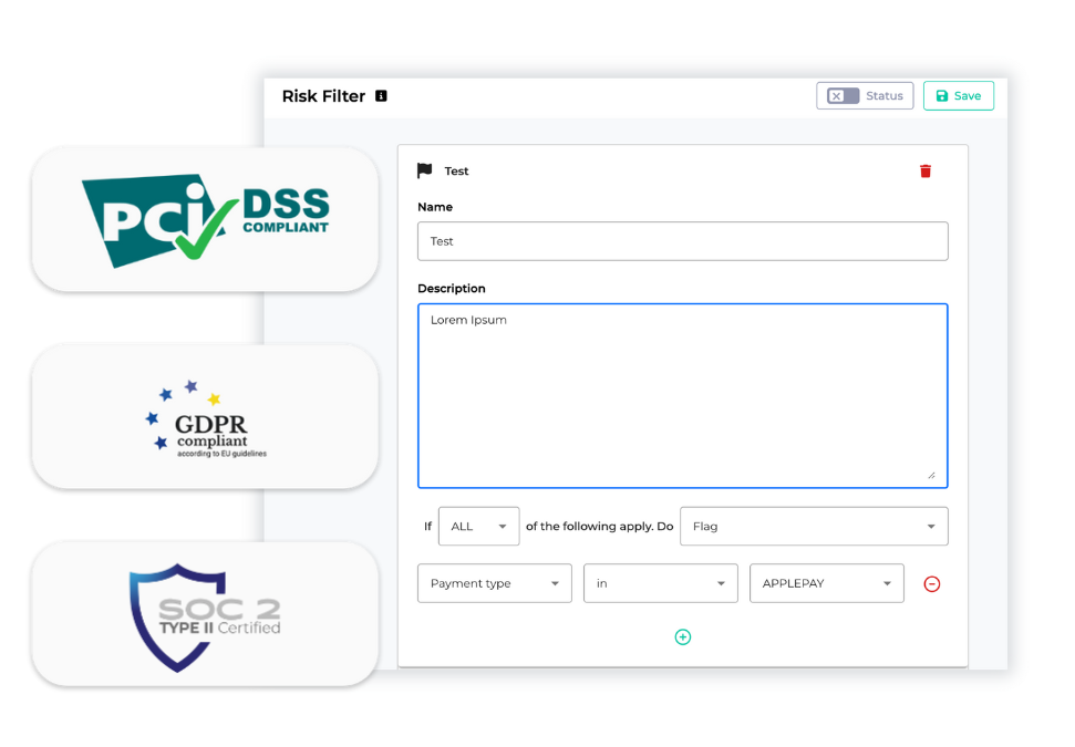 PCI DSS, GDPR Compliant, SOC2 TYP II Certified - and a screenshot of the Optimize/Pay risk filter